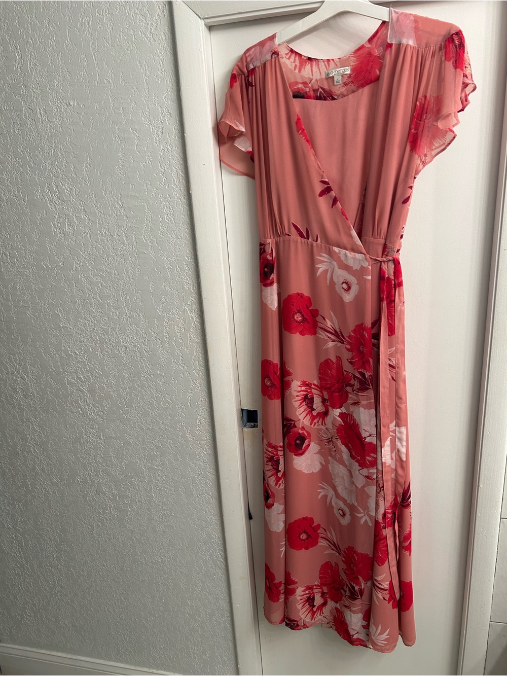 Eva MendesCoral Maxi Wrap Dress with Red Floral Print